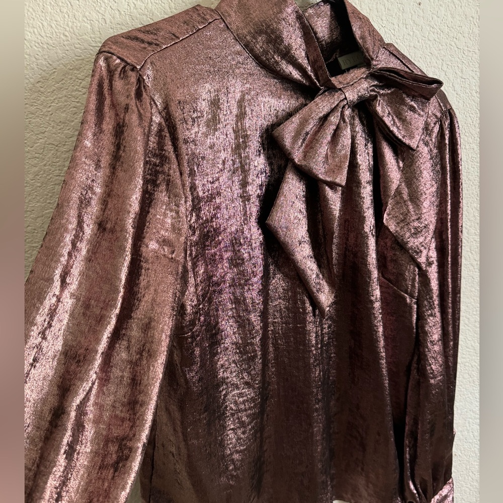 Shiny Metallic Chocolate Brown Rose Gold Longsleeve Top Blouse w/ Bow Accent - Picture 7 of 9